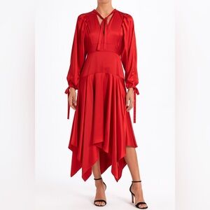 Self-Portrait Satin Midi Dress Women’s Size Cherry Red V-Neck Tie Cuff Asym Hem